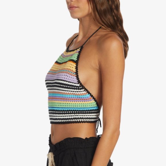 🏷️NWT Roxy Daydreamer Crochet Knit Halter Top In Rainbow/Black Stripes - Medium - Picture 3 of 9